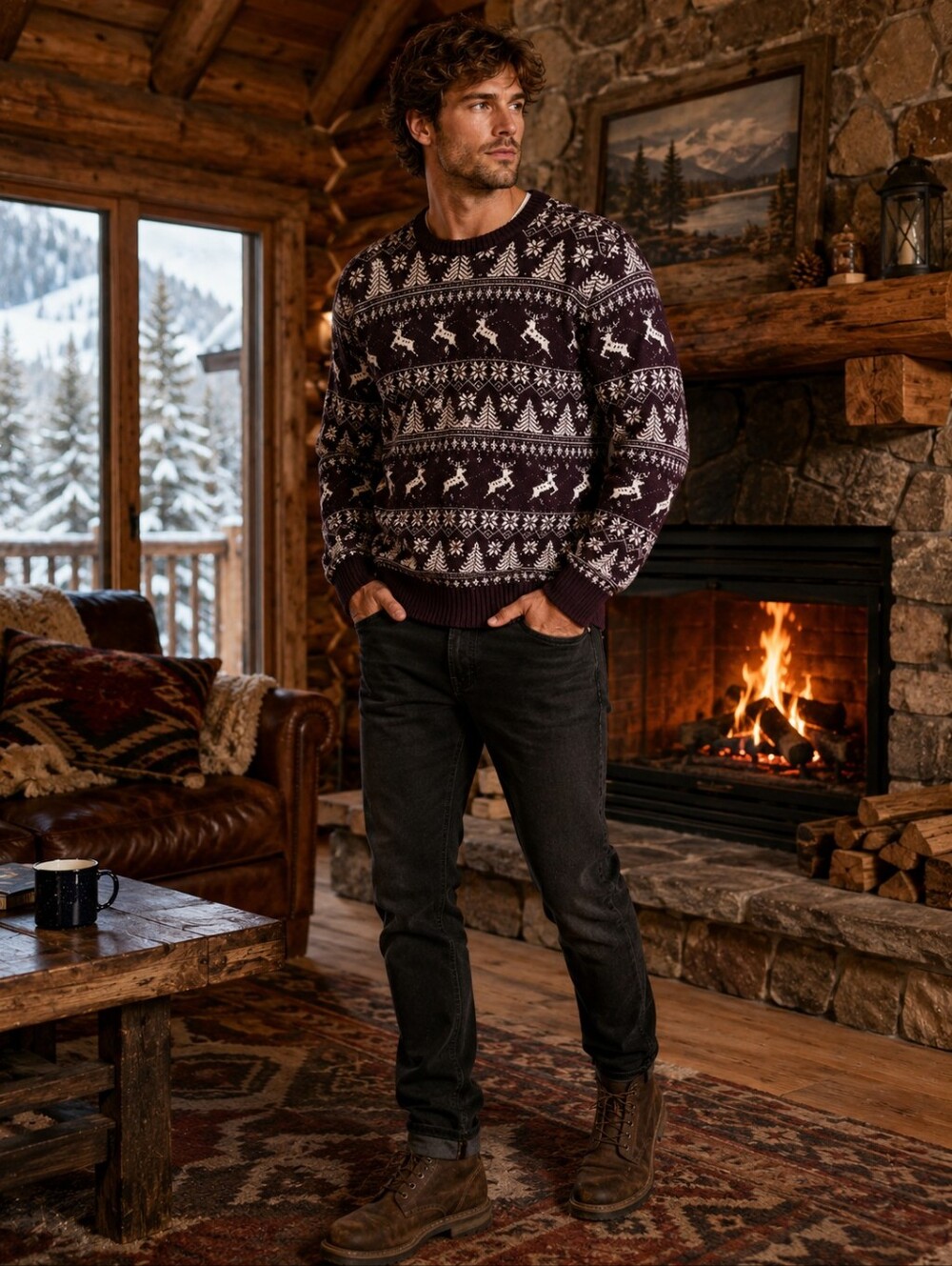 MAGASCHONI Sweater Mens Large Purple Ivory Fair Isle Reindeer Y2K Cabincore